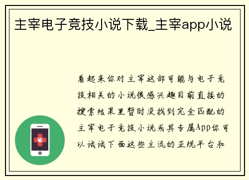 主宰电子竞技小说下载_主宰app小说